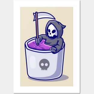 Cute Grim Reaper In Mug Cartoon Posters and Art